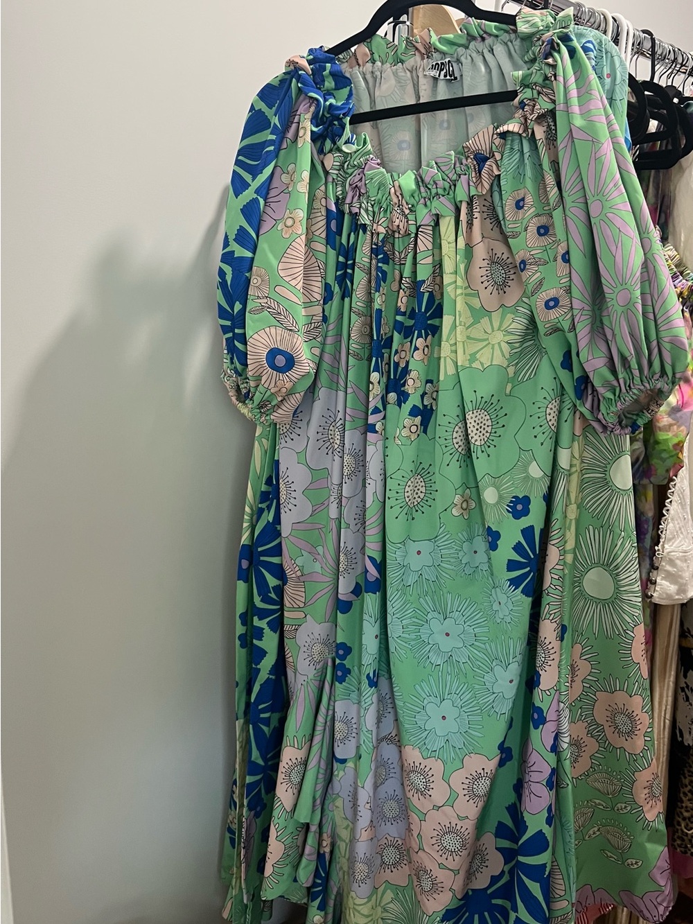 Anthropologie Mint, Blue & Pink Floral Puff-Sleeve Casual Dress
